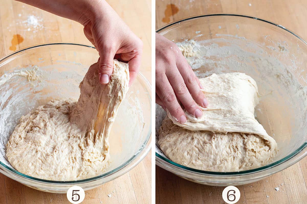 Two images of stretching and folding sourdough bread.