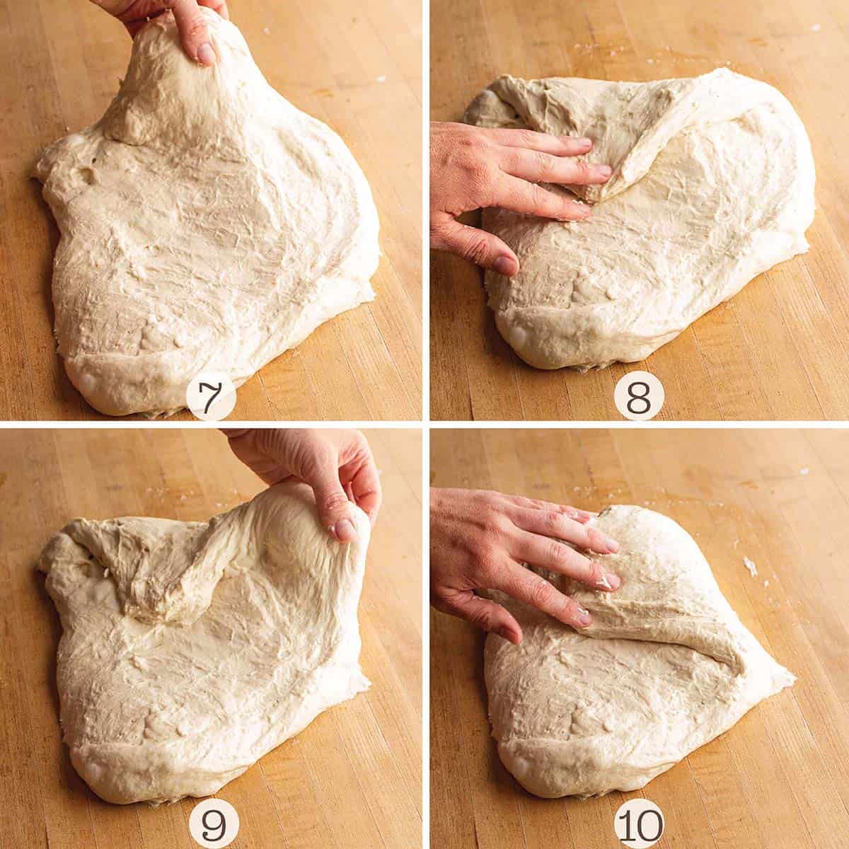 Four images of the steps to shape a loaf of sourdough.