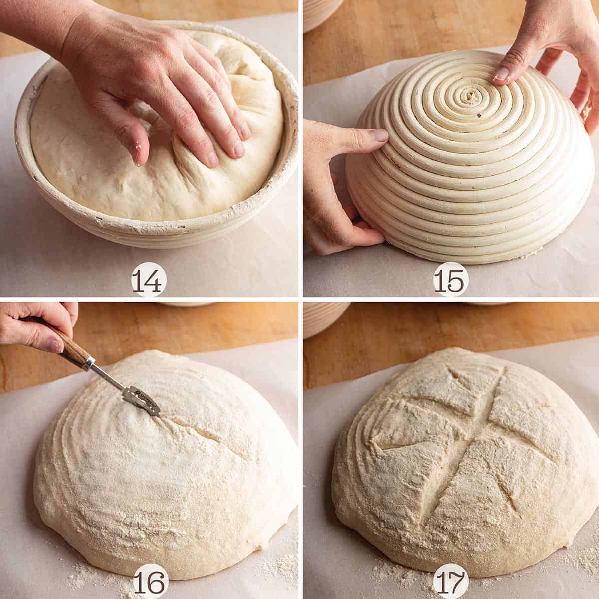 Four images of a loaf of sourdough being prepared for baking. Removed from the banneton then scored. 