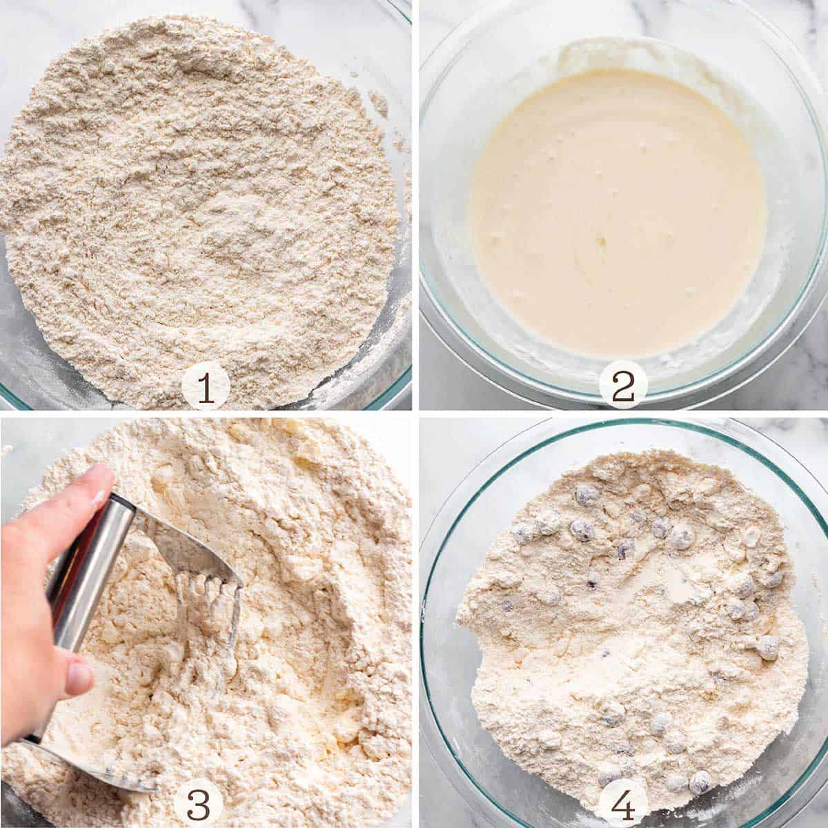 Four images. One of a bowl with dry ingredients and the other with wet and then a pastry cutting mixing butter into the flour.