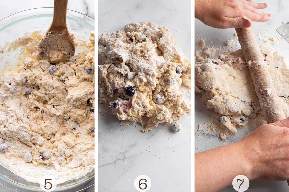 Three images of making scones. Mixing the batter and making it into a disk.