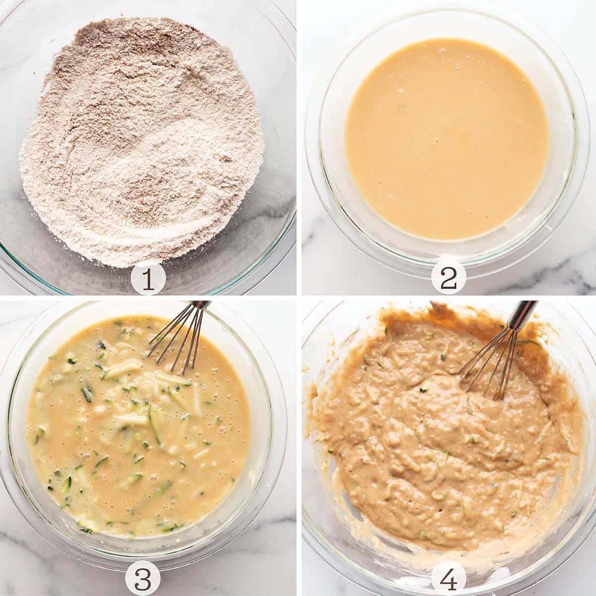 Four images of zucchini bread batter being mixed. A bowl with dry ingredients, a bowl with wet and then the two combined. 