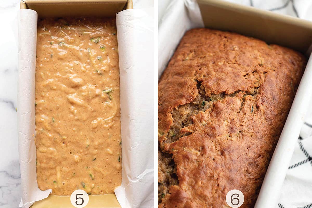 A bread loaf pan with zucchini bread batter and then a second with the loaf baked.