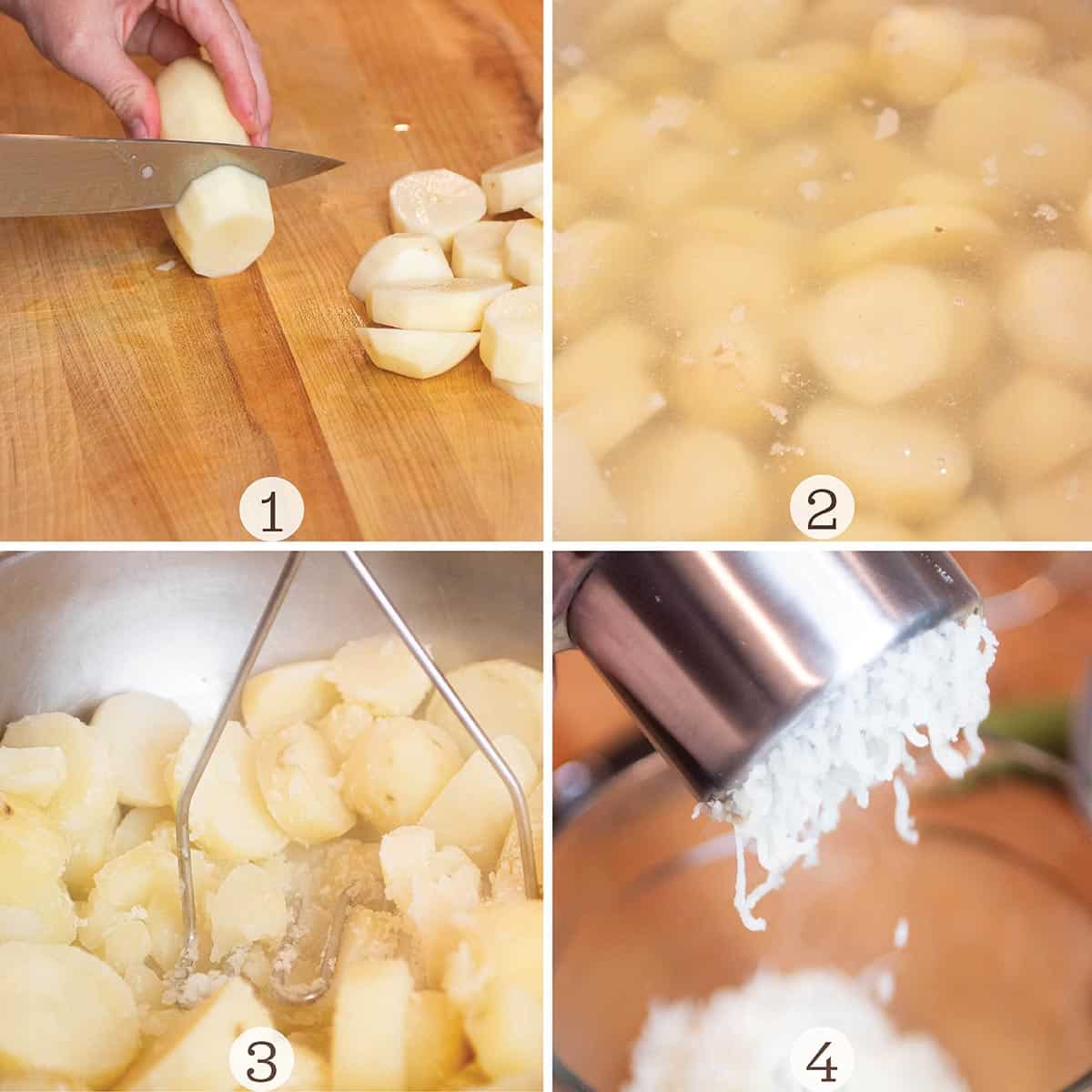 Four images of cutting, boiling, mashing and ricing the potatoes.