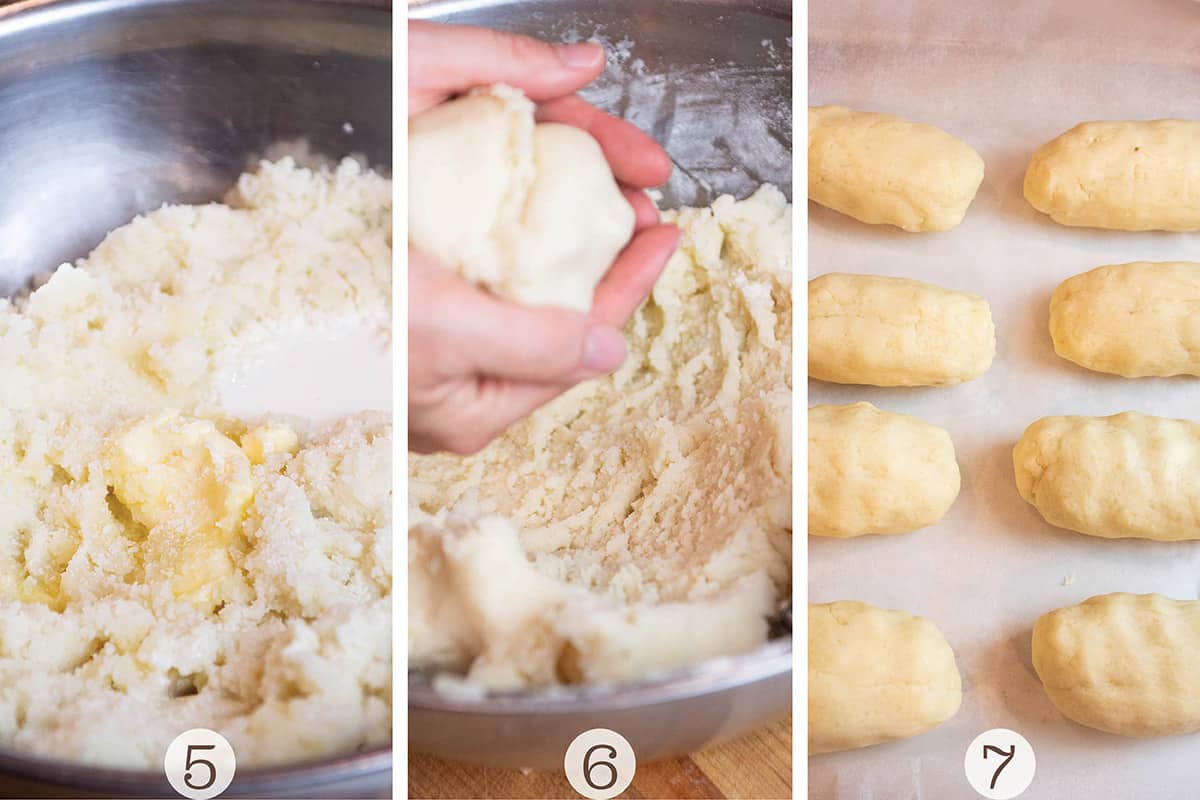Three images of mixing potatoes with flour and butter then rolling into logs.