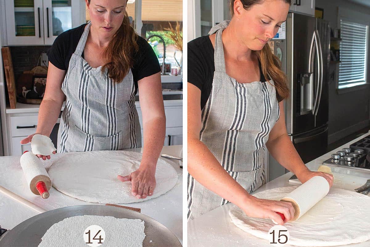 Two photos of a woman rolling out lefse.