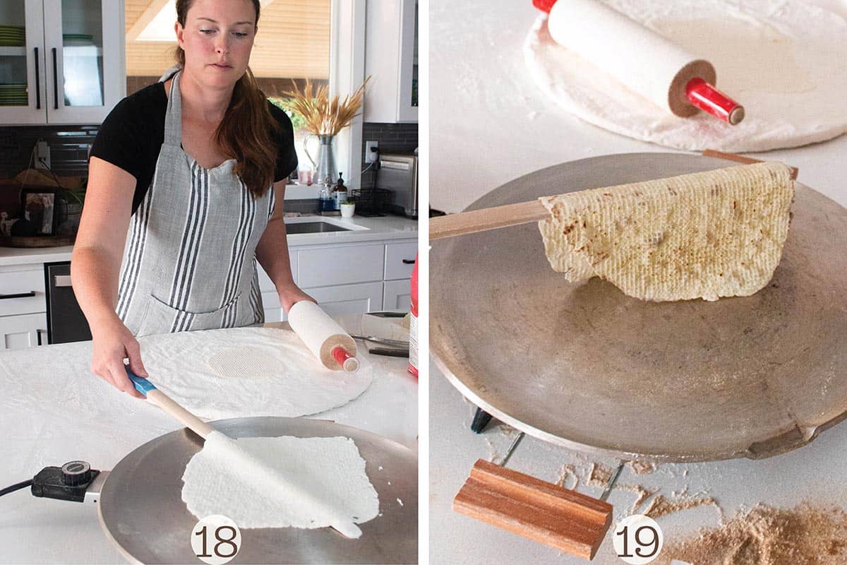 Two photos of lefse being flipped on the griddle.