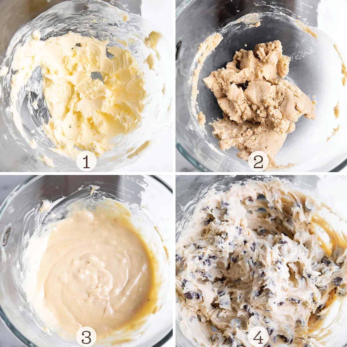 Four process images to make cookie dough.