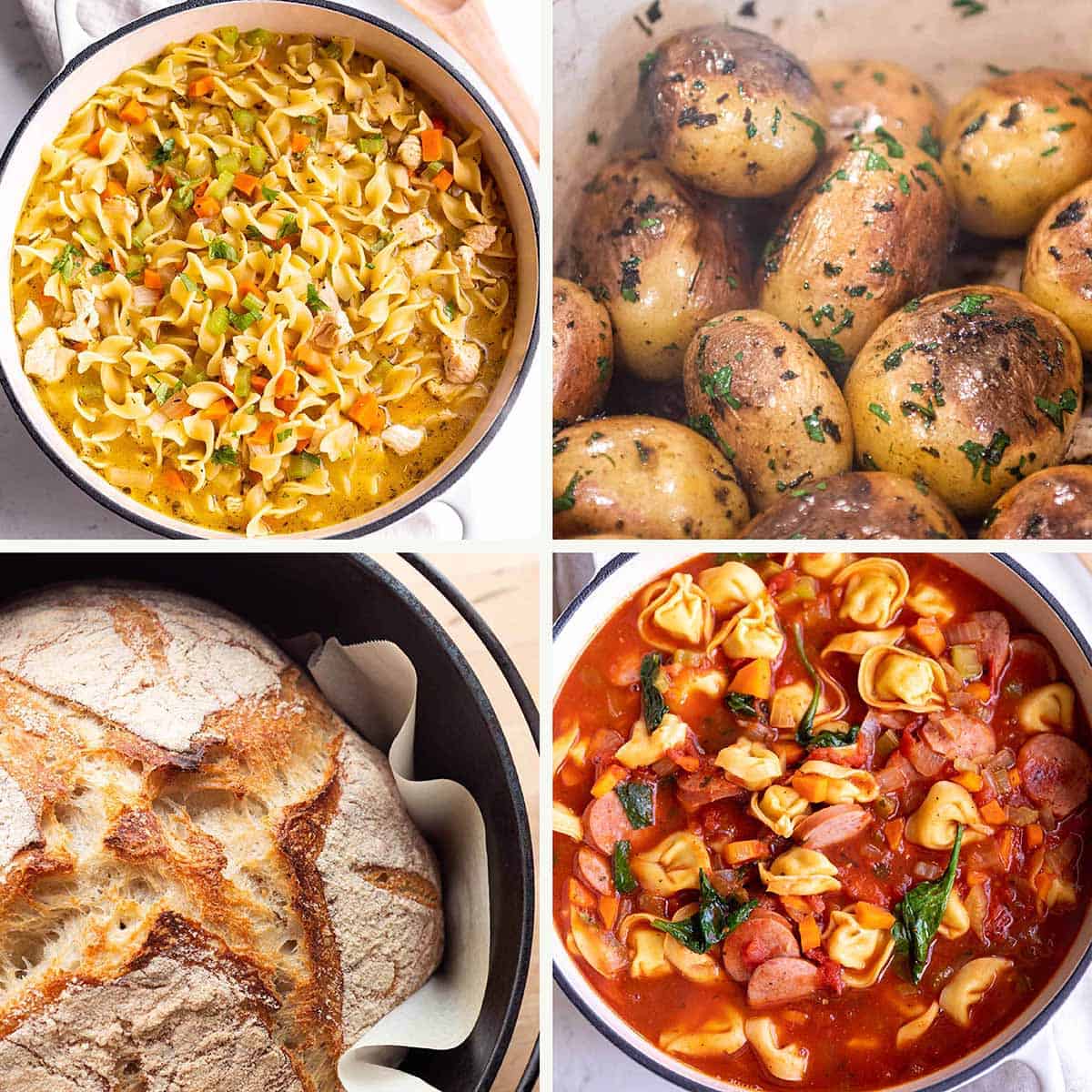 Four images of recipes made in a Dutch Oven pot.