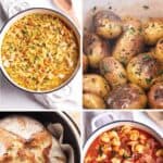 Four different images of recipes made in a Dutch Oven.