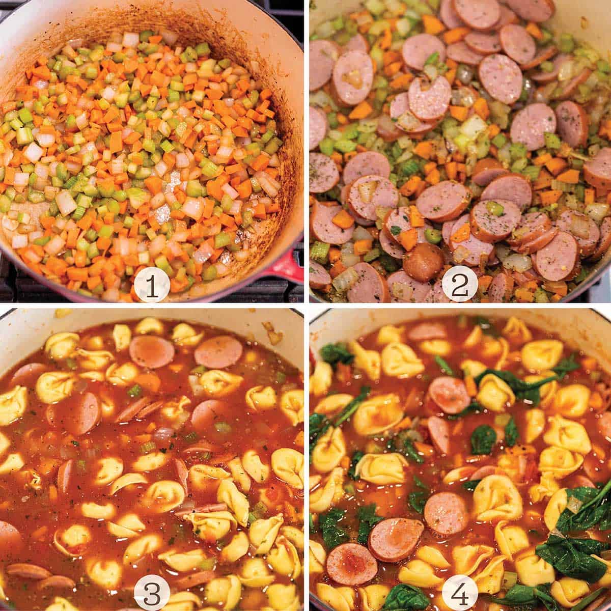 Four images of soup being made in a Dutch Oven. 