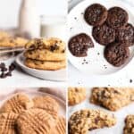 Four different images of cookies, chocolate chip, oatmeal, peanut butter and chocolate.