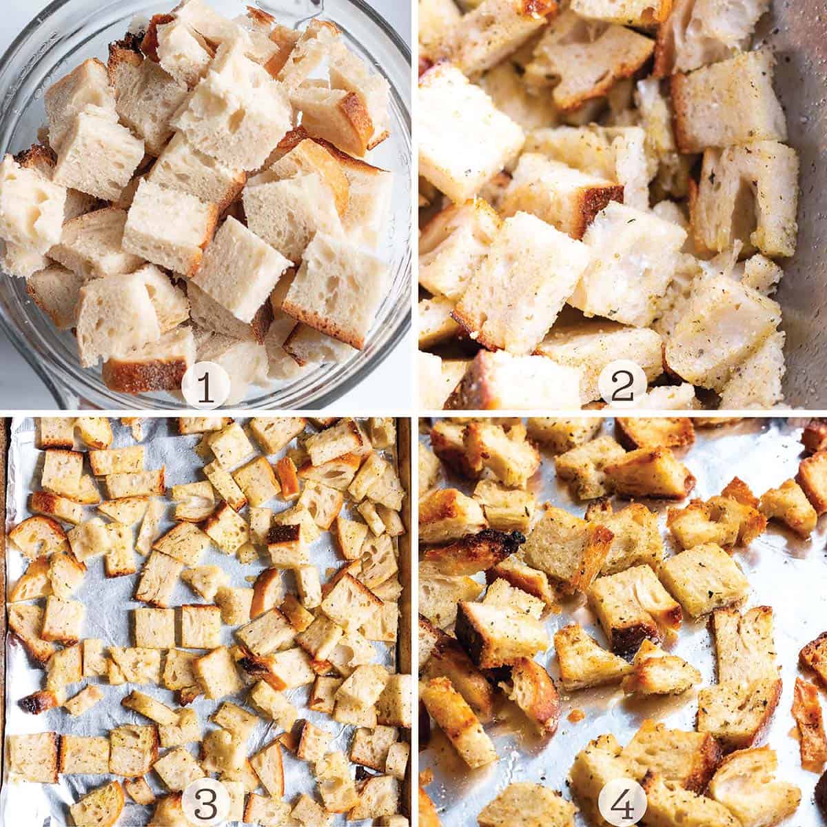 Step by step process to making homemade croutons.