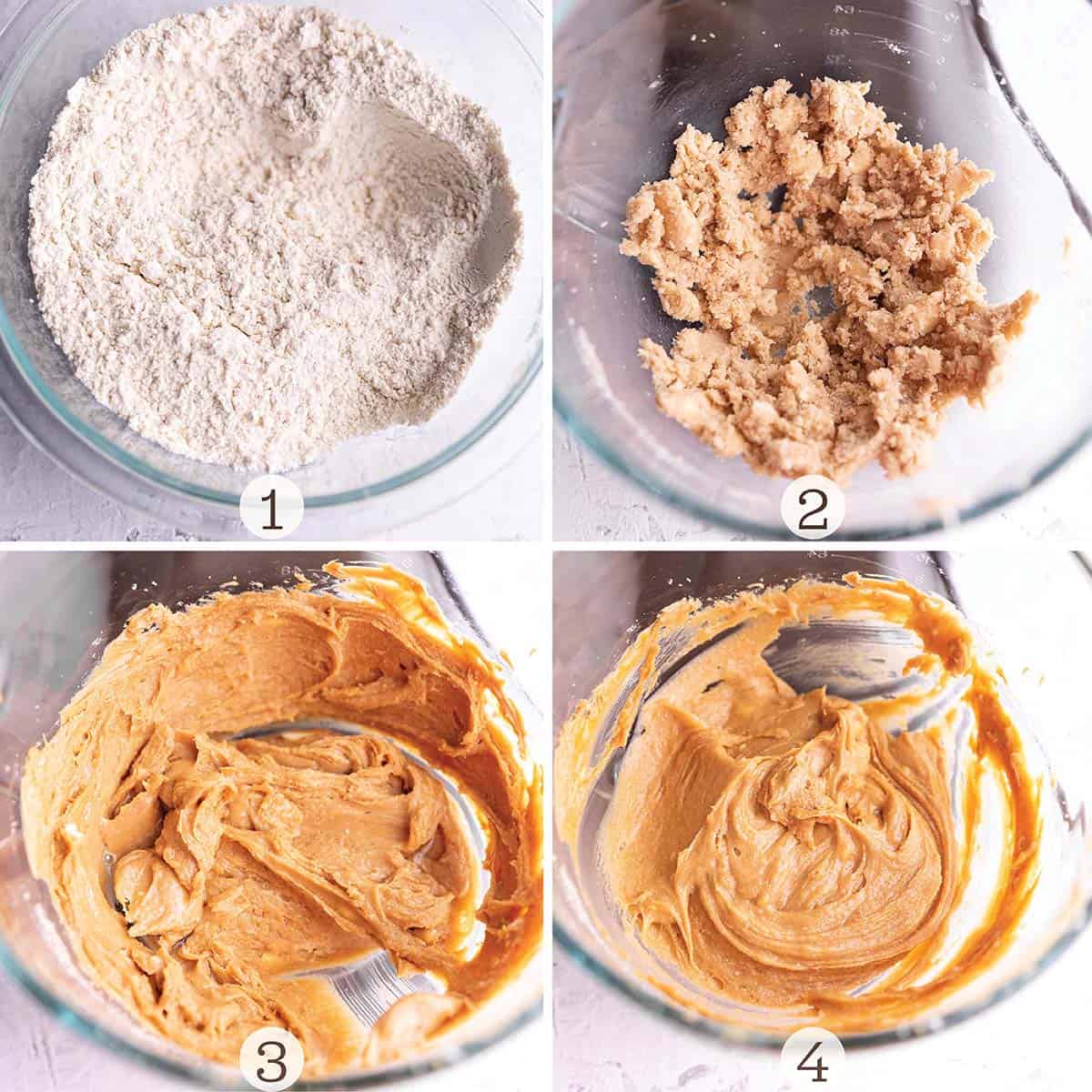 A glass bowl with flour and three images of cookie batter being mixed. 
