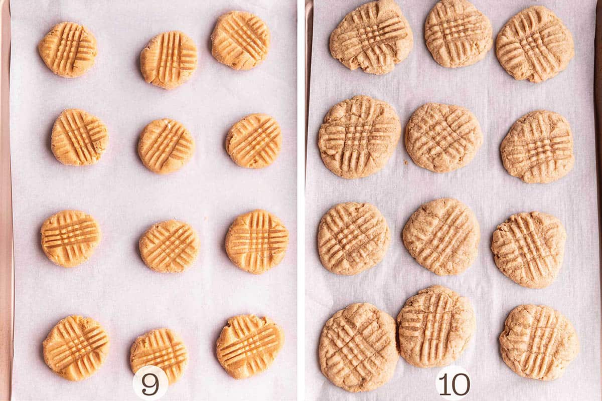 Before and after images of cookies on a cookie sheet.