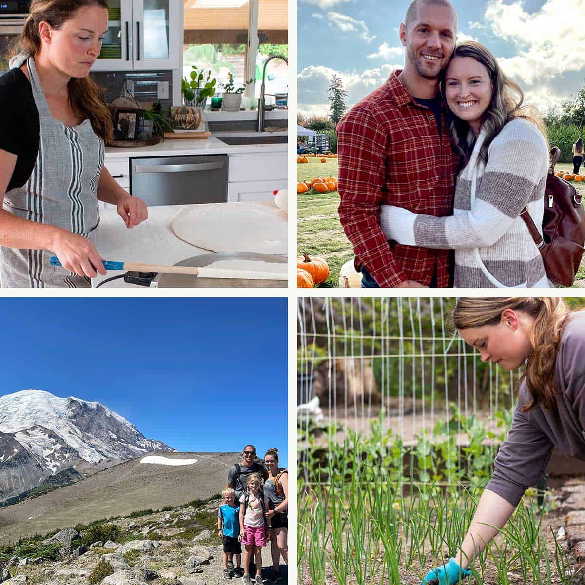 A collage of cooking, hiking, gardening. 