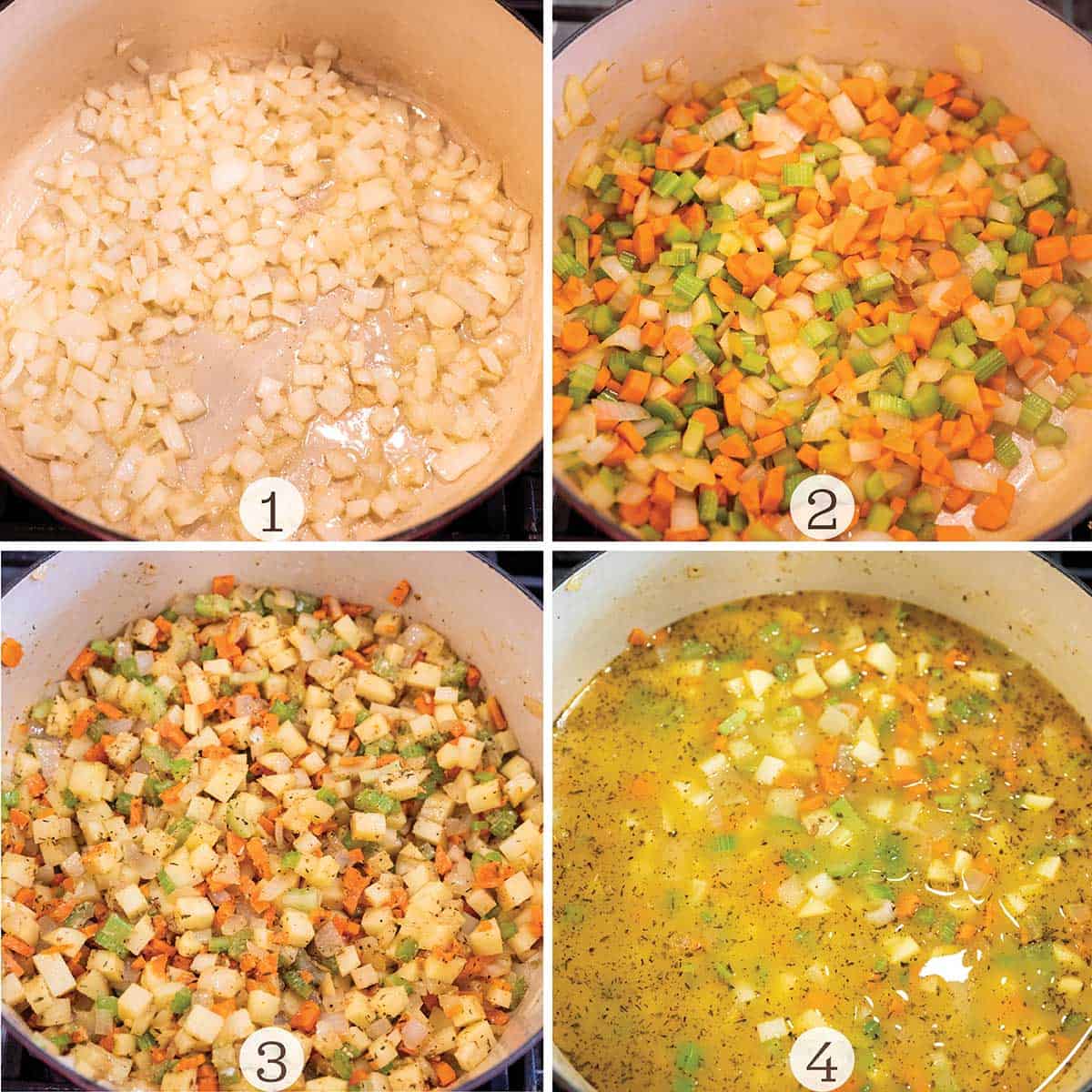 Four images of veggies being sautéed in a Dutch Oven.