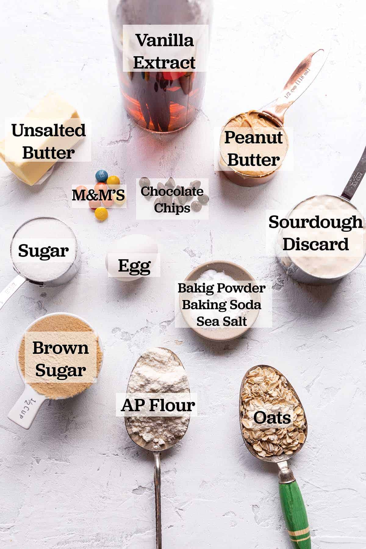 Ingredients measured out to make sourdough monster cookies. 