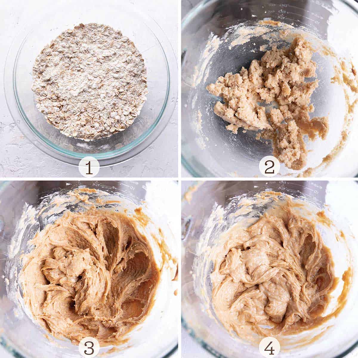 A glass bowl with a flour and oat mix and then a stand mixer with a cookie batter. 