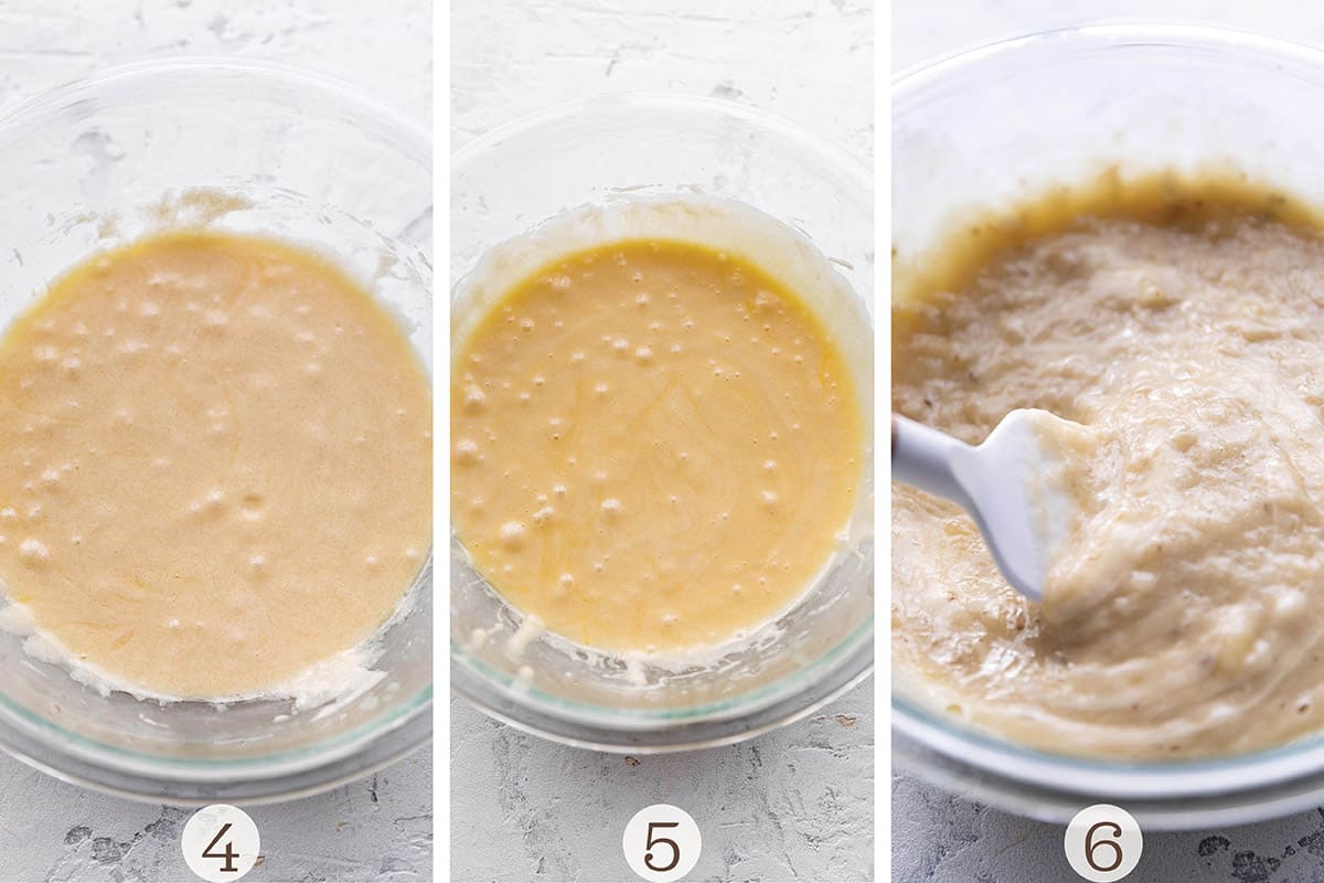 Three photos of. glass bowl with each step of mixing muffin batter. 