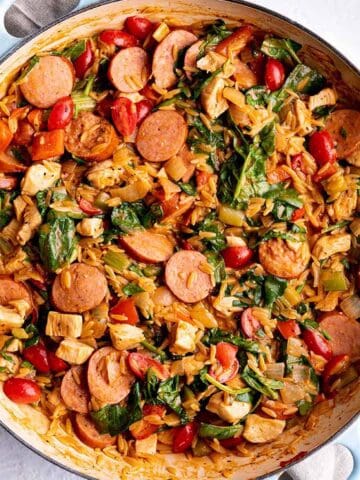 An orzo pasta full of chicken, sausage and spinach.