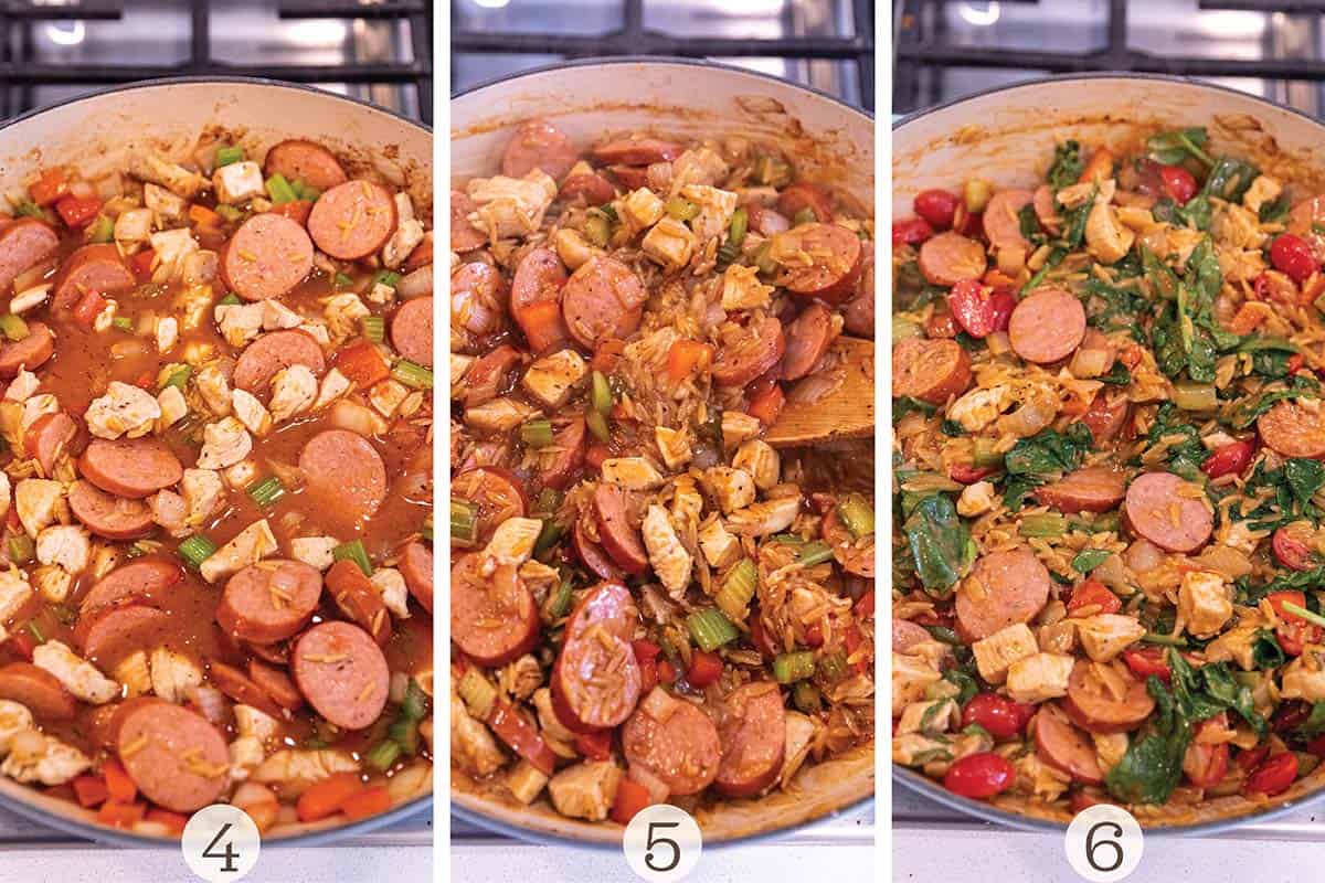 Three photos of a orzo pasta dish full of spinach and tomatoes. 