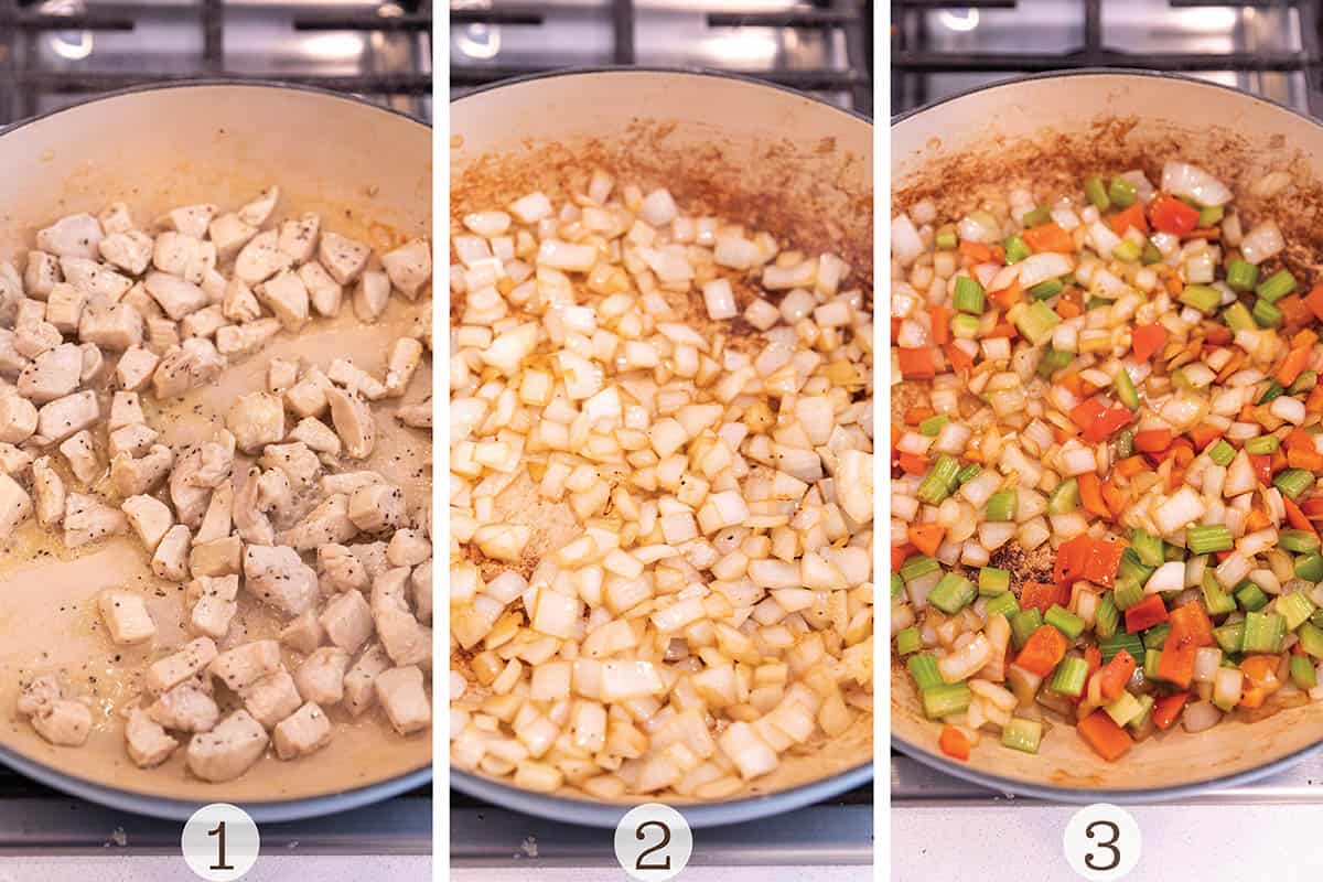 Three images of onions, chicken and bell peppers being sautéed. 