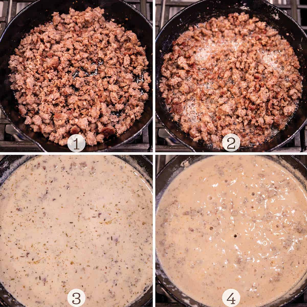 Four images of sausage being made in a black cast iron. 