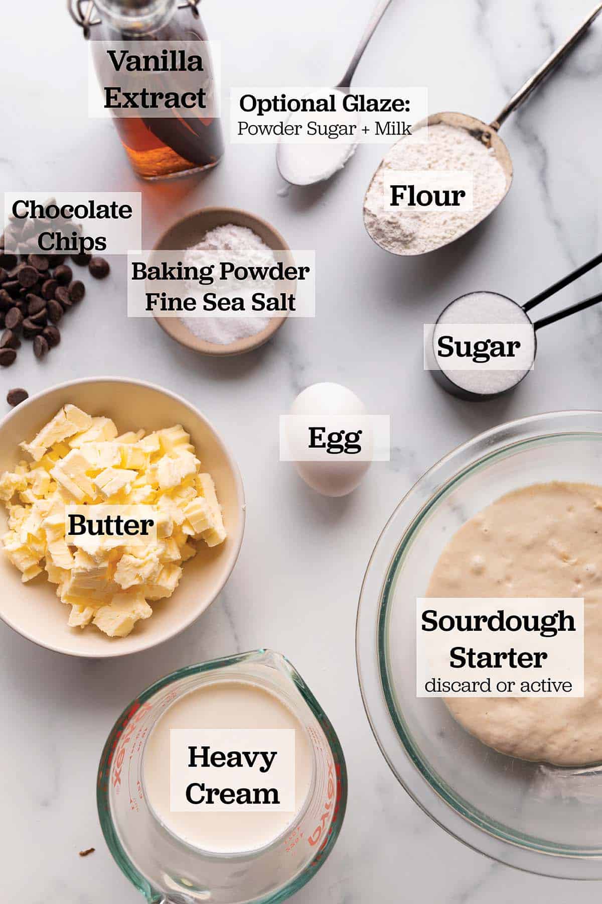 Ingredients measured out to make sourdough scones.