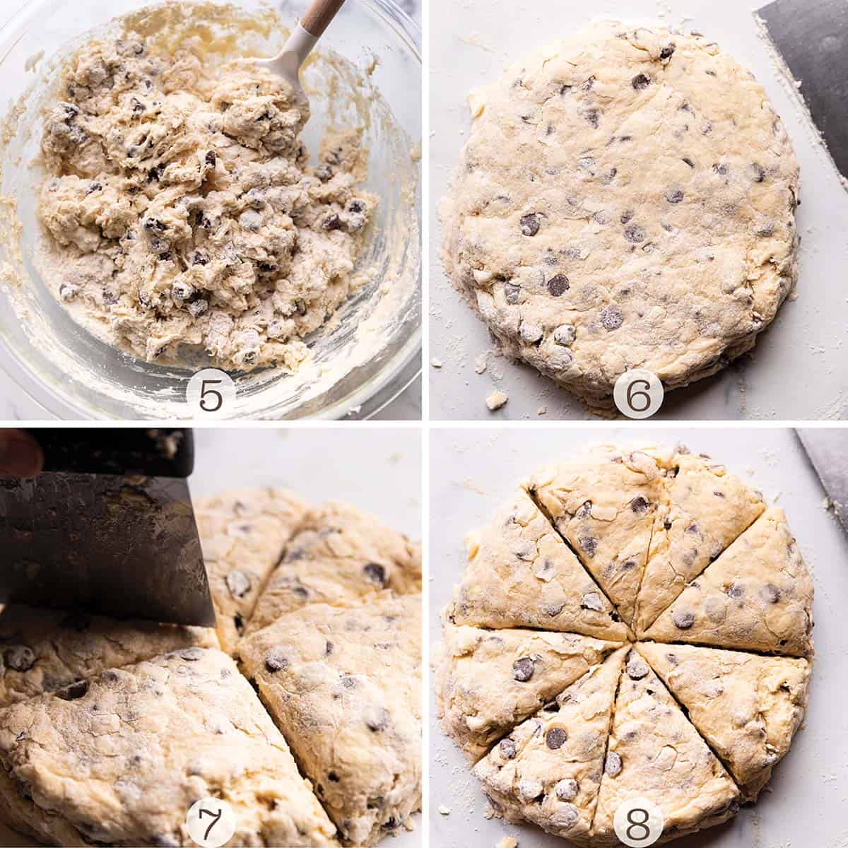Four images of scones being mix, shaped and cut. 