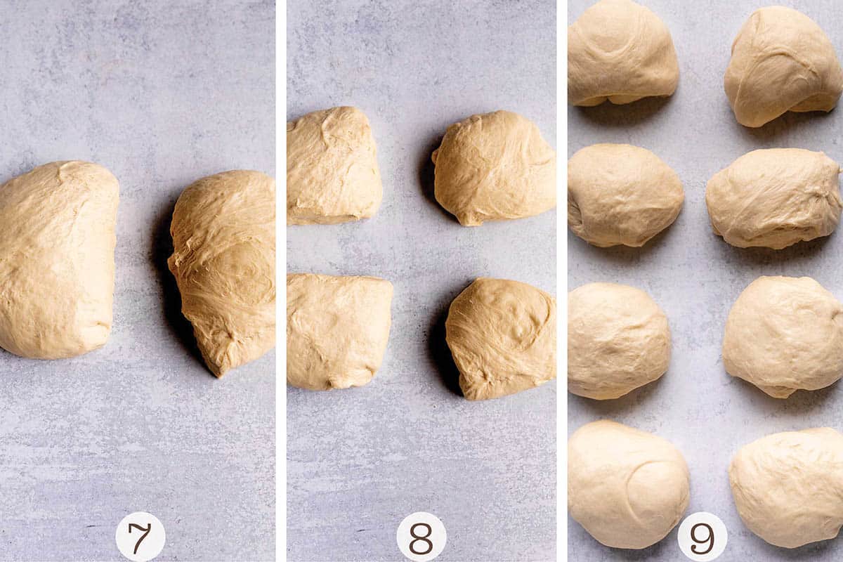 Three images of dough being divided. 