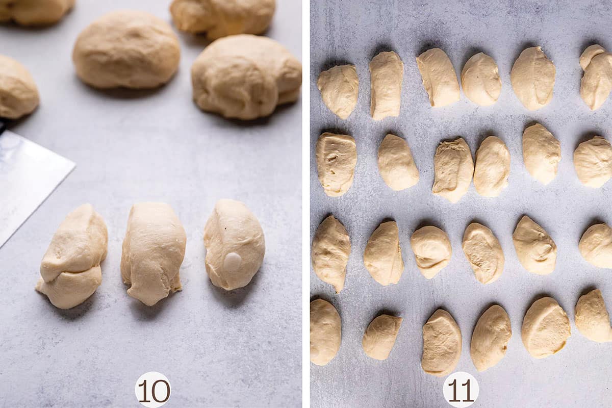 two images of dough being cut in 3 and then a photo of all 24 pieces. 