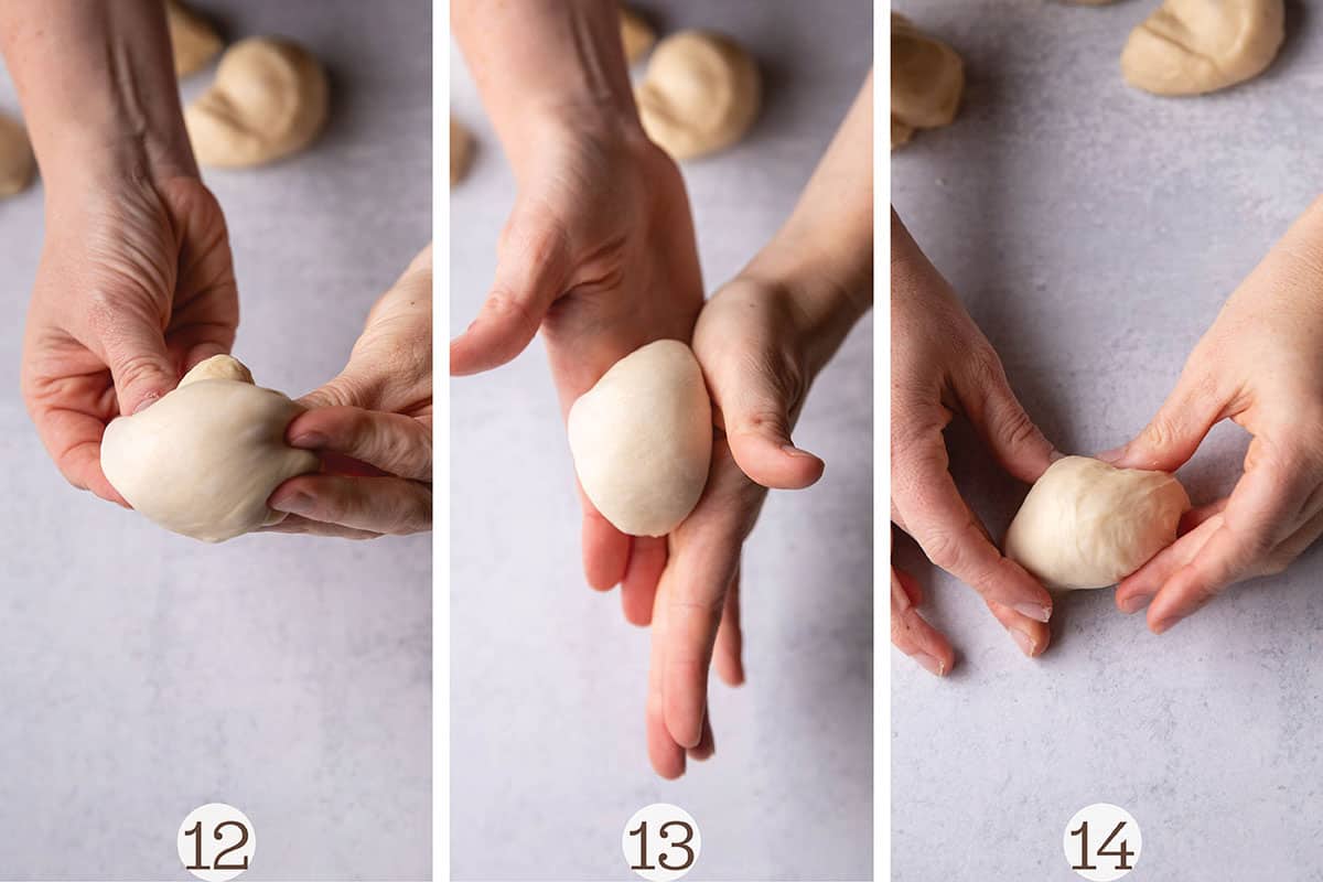 Three photos of hands working a ball of dough into a ball. 