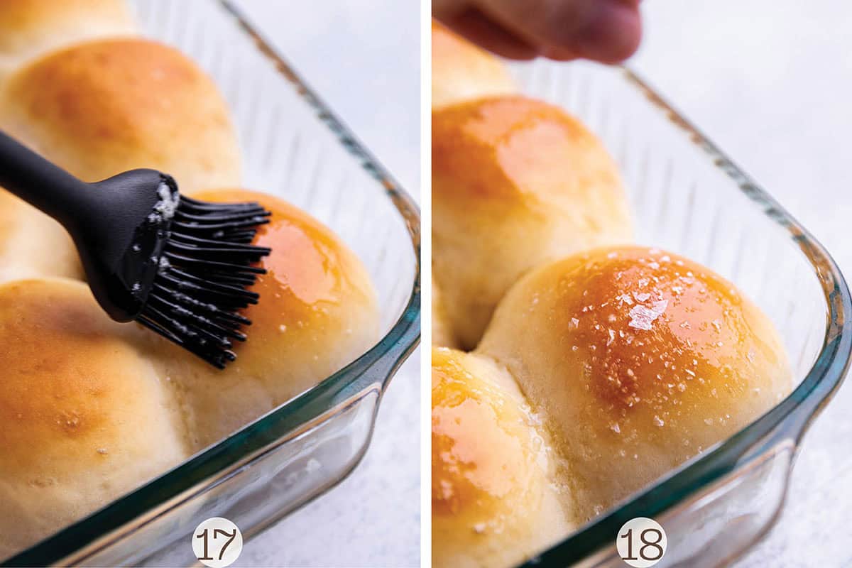 Two images of fresh dinner rolls, one with butter being brushed on and the other with salt sprinkled on top. 